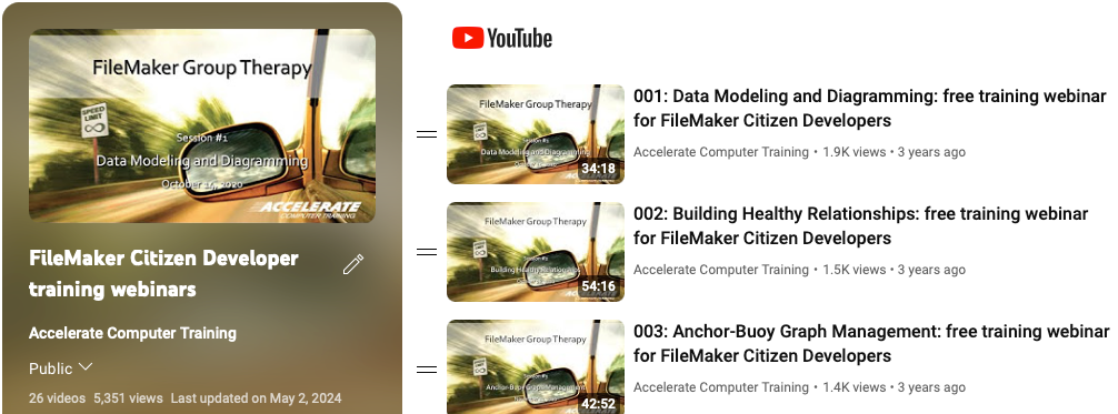 YouTube Playlist of free FileMaker Group Therapy training series of videos